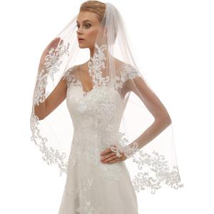 Fingertip Length Lace Edge Wedding Bridal Veil with Comb for Brides