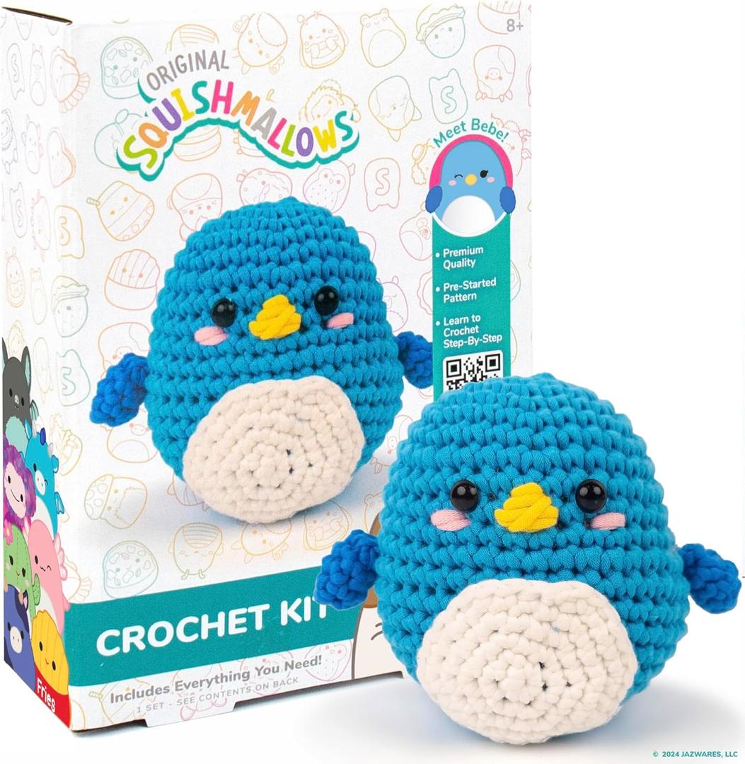Original Squishmallows Bebe the Bluebird Crochet Kit, Includes Yarn, Crochet Hook, Starter Hooks, Step-By-Step Tutorials, Exclusive Crochet Kit For Beginners, DIY Craft, Crochet Kits, Great Teen Gifts