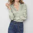 Womens Bay Leaf Satin Y Neck Ruched Shoulder Shirt Long Sleeve Tops Dressy Business Casual Blouse (M)