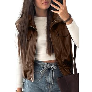 EVALESS Faux Leather Jacket Women Sleeveless Motorcycle Coat Zip Up Vest Jackets Fall Fashion Outfits Winter Clothes (Brown, XXL)