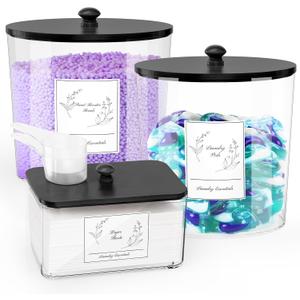 3 Pack Laundry Powder Container & Dryer Sheet Holder, Plastic Laundry Room Organization and Storage Jars with Lids, Labels & Scoops for Powder, Detergent, Scent Booster (Black Lid)