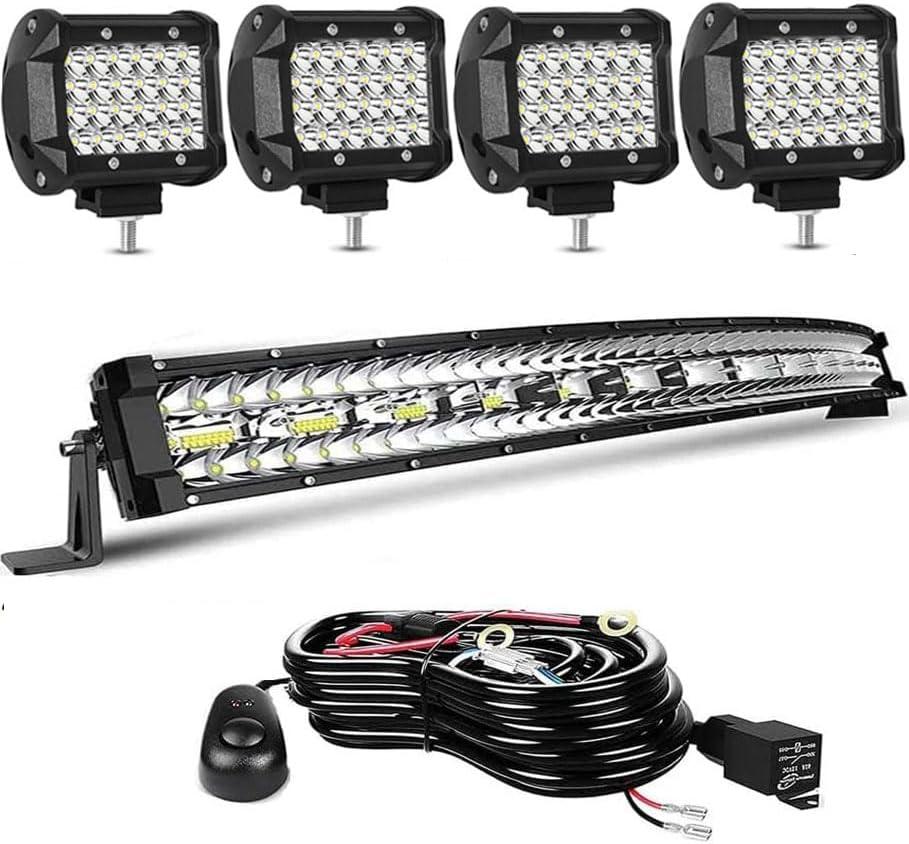 LED Light Bar Kits - 32IN Curved 585W Triple Row Offroad Driving LED Light Bar+ 4pc 4inch 72W Led Pod Lights with Wiring Harness-3 Lead Fit for Pickup Trucks SUV ATV UTV Boat Lights