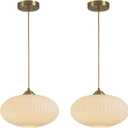 KCO Lighting White Ribbed Glass Pendant Light Modern Antique Brass Pendant Light Gold Large Globe Pendant Light Fixture Mid Century 1-Light Kitchen Island Pendant Lighting (2-Pack)