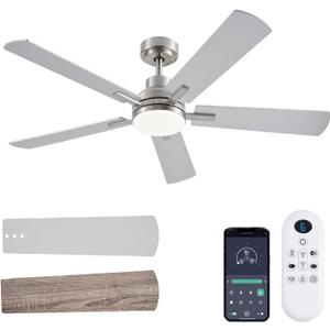 JSAITEE Ceiling Fans with Lights, 52 Inch Low Profile Modern Ceiling Fan with Light and Remote Control, DC Reversible Motor, Noiseless, 3CCT, Dimmable, Nickel 8 Speeds Ceiling Fan for Bedroom Living room