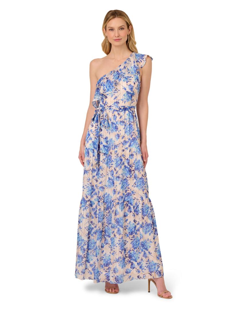 Adrianna Papell Women's Satin Stripe Ankle Dress, Champagne/Blue Multi 12