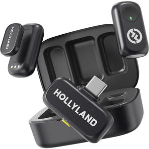 Hollyland Lark A1 Wireless Microphone for iPhone 17/16/15 & Android, 48kHz/24-bit, 3-Level Intelligent Noise Cancel, Mini Mic for YouTube, Podcast, Vlogging (Black, 2TX + USB-C RX + Charging Case)