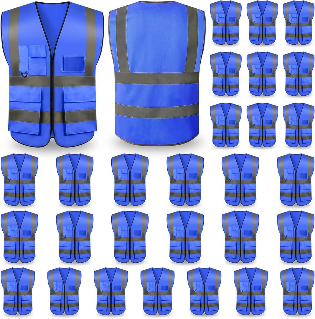 Safety Vests,Hi Vis Vest Reflective Vest with 5 Pockets and Zipper for Men Women, Neon Working Vest for Outdoor One Size (Blue)