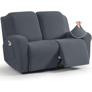 TAOCOCO Recliner Loveseat Slipcover, 6 Pieces Dual Recliner Sofa Covers for 2 Seat Dual Reclining Loveseat Couch, Stretch Soft Jacquard Pattern Furniture Protector with Elasticity (Grey)