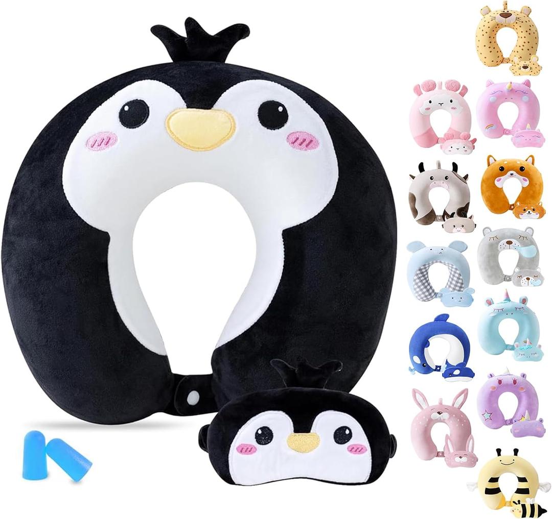 Travel Pillow for Kids Adult Cute Neck Pillow for Traveling Memory Foam Airplane Pillow Sleep Mask Animal Flight Pillow Head Rest Neck Support for Cars Long Flights (Penguin, 9-12 Y/O)