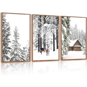 CHDITB Winter Wonderland Framed Canvas Wall Art Set Of 3, Nature Deer Wall Decor, Snowy Landscape Wall Painting, Farmhouse Winter Scene Cottage Art Prints for Living Room, Bedroom Decor (12X16 Inch)