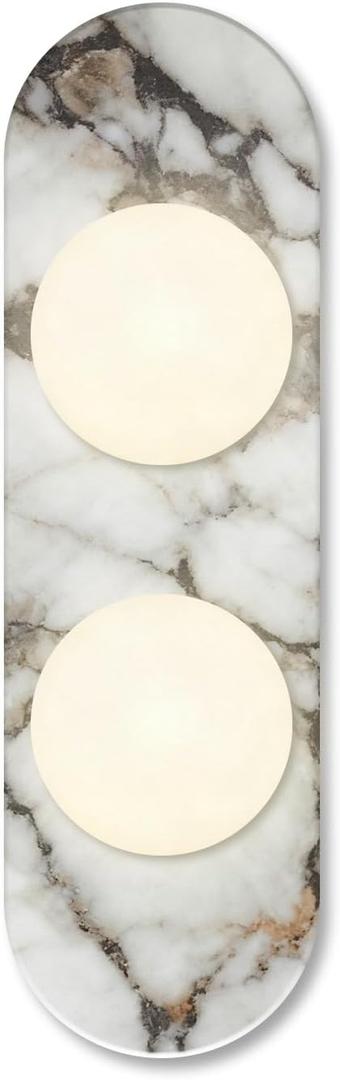 Natural Marble Wall Sconce with Alabaster Glass Globe, Modern Hardwired Wall Light Fixture for Bedroom, Bathroom, Dining Room, Hallway, Stairs (2-Light Sconce), Medium