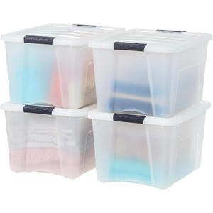 IRIS USA 40 Qt Stackable Plastic Storage Bins with Lids, 4 Pack - BPA-Free, Made in USA - Discreet Organizing Solution, Latches, Durable Nestable Containers, Secure Pull Handle - Pearl