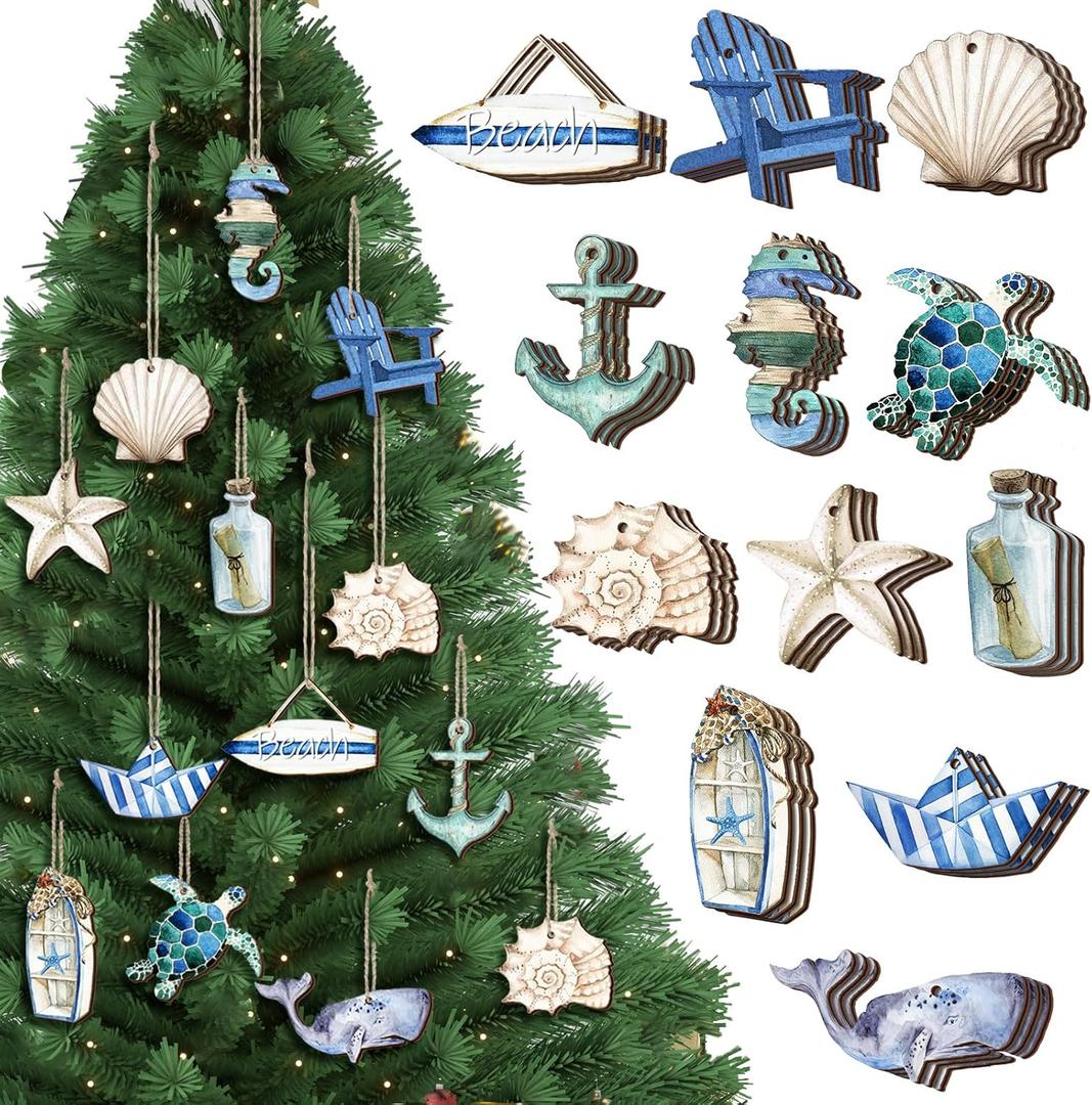 Maitys 36 Pcs Beach Christmas Wooden Ornaments Ocean Xmas Tree Decorations Coastal Nautical Seaside Wood Cutouts Navigation Hanging Ornaments Xmas Decorations for Home Tree Small Crafts(Beach Sea)