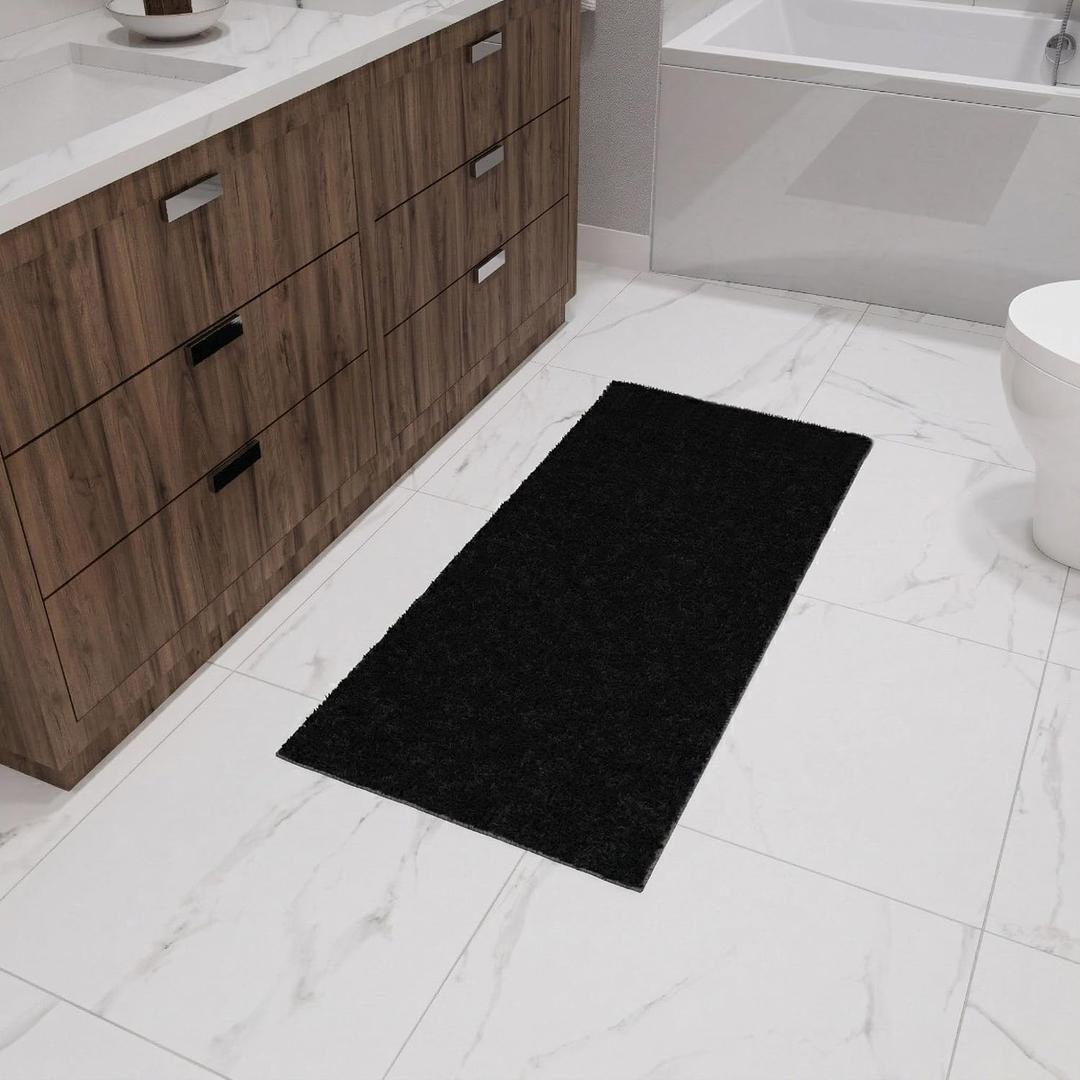 Ottomanson Non-Slip Bathroom Mat, Plush Soft Shag Bath Rug, Floor Mat for Entry Areas and Bedrooms, 2' x 4', Black