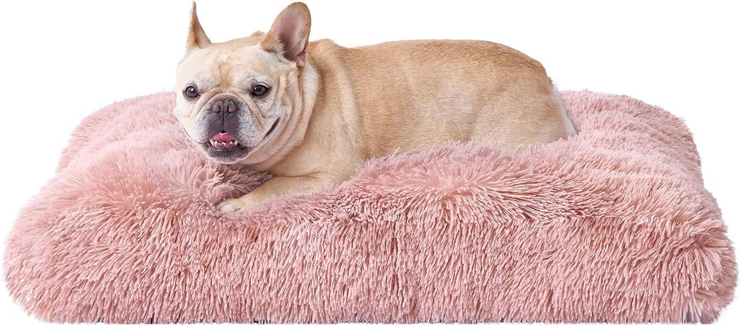 EHEYCIGA Fluffy Dog Crate Bed for Medium Dogs, Plush Faux Fur Pet Crate Pad, Calming Anti Anxiety Medium Pet Bed, Washable Soft Warm Dog Mat with Non-Slip Bottom, Pink (29.5 x 20)