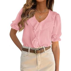 PRETTYGARDEN Women's Summer Dressy Casual Blouses 2026 Short Sleeve V Neck Ruffle Business Work Tops Trendy Spring Outfits, Size: S