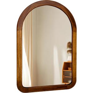 Arched Mirror 22 x 30 Inch,Brown Wood Rustic Bathroom Tempered Wall Mirror with Wood Frame,Round Corner Arch Farmhouse Wooden Vanity Mirror for Living Room,Entryway or BedroomWalnut Brown