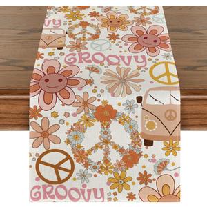 Artoid Mode Daisy Flower Peace and Love Table Runner, Wreath Float Groovy Kitchen Dining Table Decoration for Outdoor Home Party 13x72 Inch