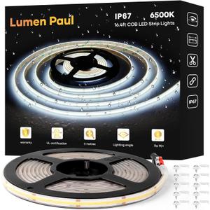 COB LED Strip Light IP67 Waterproof 16.4ft, 6500K Cool White, High Density 2400LEDs, CRI90+, Super Bright Cuttable LED Tape Lighting for Outdoor & Indoor Decorative Lighting