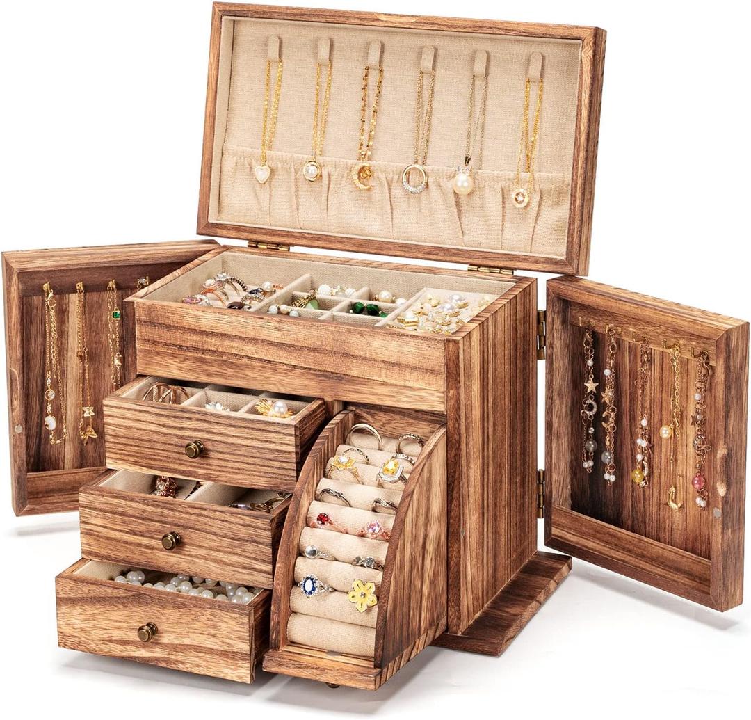 Jewelry Box Organizer, Solid Wood Jewelry Boxes for Women for Storage & Display Necklace Ring Earring Bracelet, Rustic Style Jewelry Organizer Box for Women Gifts (Carbonized Brown) (Large Carbonized Brown)