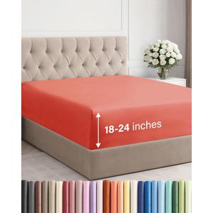Extra Deep King Fitted Sheet - Hotel Luxury Single Fitted Sheet Only - Easily Fits 18 inch to 24 inch Mattress - Ultra Soft, Wrinkle Free w/Extra Deep Pockets - Easy-Care, Breathable & Comfy - Coral