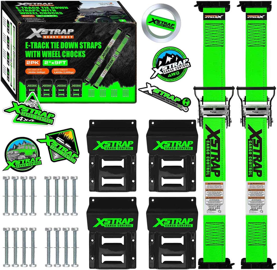XSTRAP STANDARD Wheel Chock E-Track Tie Down Straps Kit, 2 Pack 2" x 9FT Over-The-Tire Ratchet Straps with Steel Wheel Chocks, 1466 lbs WLL for ATV, UTV, Lawn Mower, Trailer Hauling, Green