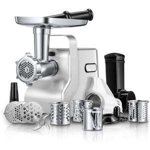 Meat Grinder Heavy Duty - 5 in1 Meat Grinder for Home Use - 3000W Max Powerful - Sausage Stuffer with 3 Stainless Steel Grinding Plates - Size #12 (silver)