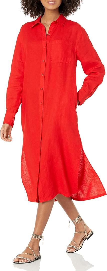 The Drop Women's Fiona Relaxed Linen Midi Shirt Dress (4X, Flame Red)