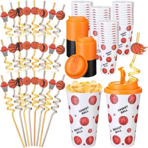 Remerry 16 Set Basketball Party Favors Goodie Cups with Lids and Spiral Straws 16 oz Reusable Sports Plastic Tumblers Candy Cups for End of Season Team Gifts Birthday Party Supplies