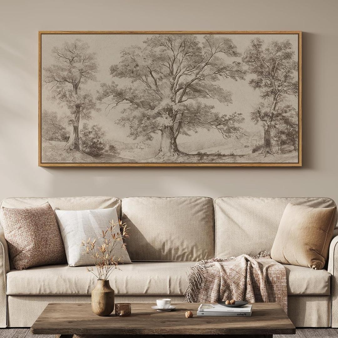 Framed Vintage Landscape Canvas Wall Art for Living Room, Extra Large Horizontal Rustic Tree Botanical Picture Prints Paintings, Neutral Wabi Sabi Artwork Decor for Bedroom Entryway 60x30 Inch, 57"L x 28.5"W