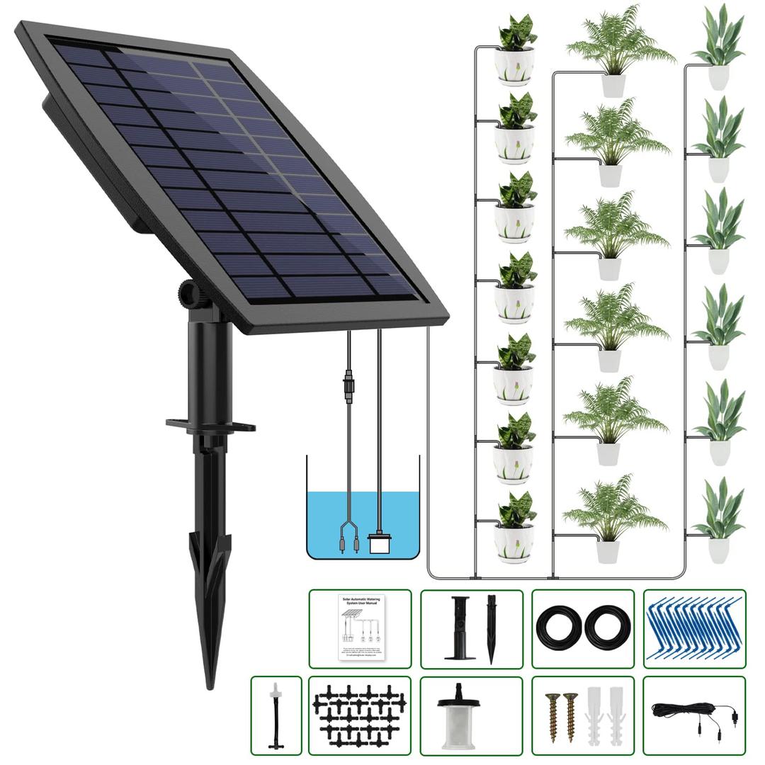 Solar Automatic Drip Irrigation Kit System, JIYANG Solar Powered Auto Easy DIY Watering Device Supported Pots Plants, 12 Timing Modes with Anti-Siphoning Device (Supported 20-30 Pots, 12 Timing Modes)