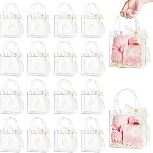 Ohuimrt 30 PCS Clear Plastic Gift Bags with Handles, Reusable Party Favor Bags with Ribbon Transparent Gift Wrap Bags Bulk for Weddings Birthdays, 5.9 x 6.3 x 2.8 Inches (1 Count (Pack of 30))