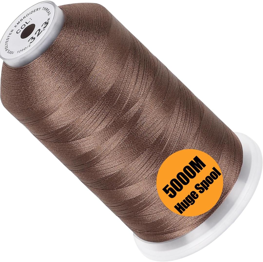 New brothread - Single Huge Spool 5000M Each Polyester Embroidery Machine Thread 40WT for Commercial and Domestic Machines - Light Brown