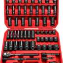 Master 1/2" Drive Impact Socket Set, 67-Piece Standard & Deep Master Impact Socket Set SAE 3/8"-1-1/4" & Metric 8-24mm Socket Set with Ratched Hand, Extension Bar, Reducer, Impact Universal Joint,Cr-V