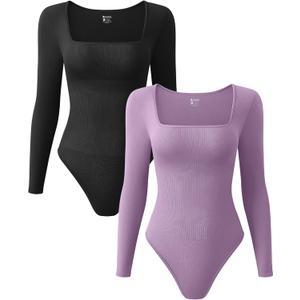 OQQ Women's 2 Piece Bodysuits Sexy Ribbed One Piece Square Neck Long Sleeve Tops (Large, Black Taro Purple)