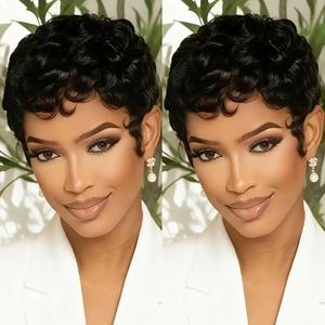 Pixie Cut Wig Human Hair Black Short Curly Wave Human Hair Wig Layered Natural Looking Short Style for Black Women None Lace Front Throw On and Go Wigs