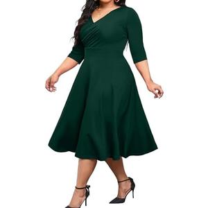 CLOCOR Women's Plus Size Midi Dress 3/4 Sleeve A-Line Swing Dress V Neck Flowy Casual Dresses XXL