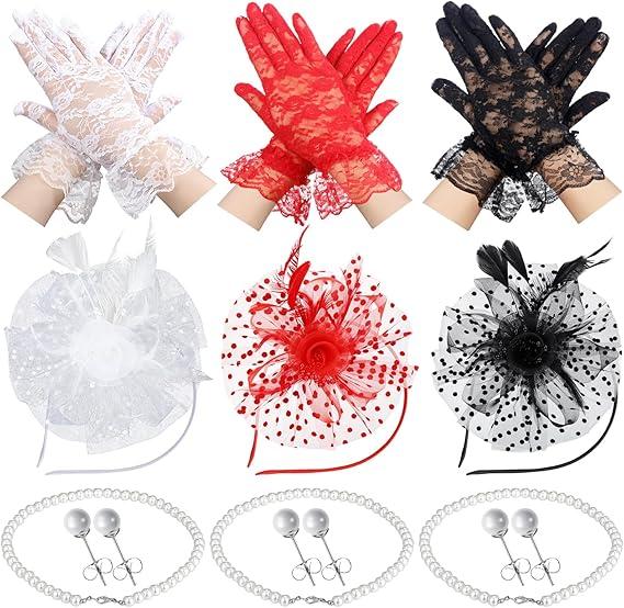 Moucuny 12 Pcs Fascinators Hat Set for Women Tea Party Accessories Tea Party Headband Lace Gloves Pearl Jewelry Set Cocktail Wedding