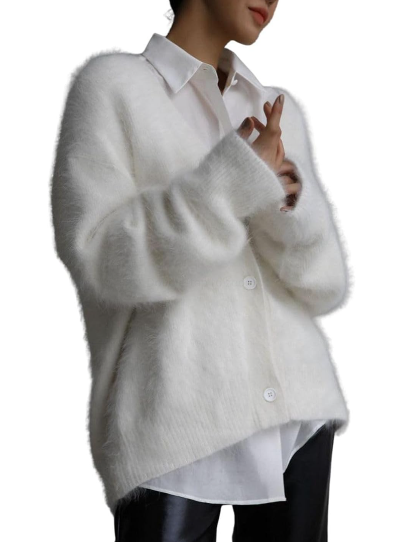 Women's Fuzzy Knit Cardigan Button Down V Neck Oversized Slouchy Furry Sweater Coat Outwear L