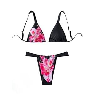 ZAFUL Women's Triangle Bikini Set Bow Decor Spaghetti Straps Bikini Swimsuit 2 Pieces Thong Bathing Suits (3-Black, M)