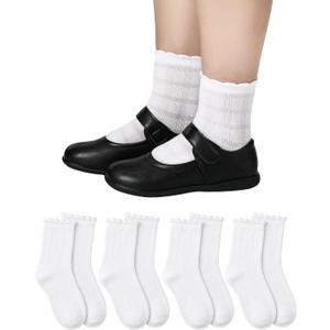 Shyyween 4 Pairs Girls White Ruffle Socks Kids Cotton School Uniform Dress Socks Crew Ankle Size 4-12 Years (White)