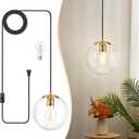 KoKo&Yukina 8" Globe Pendant Light Gold Plug in Pendant Light Adjustable Hanging Lights with Plug in Cord Brushed Gold Finished with Clear Glass Lampshade for Bedroom Kitchen IslandBulb Included