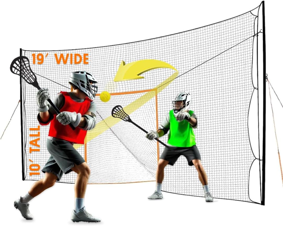 Lacrosse Net Goal & Backstop Rebounder - 6ft x 6ft Goal & 10ft x 19ft Backstop - Black & Orange - UV-Resistant PE Net for All-Weather Use - Lacrosse Shooting Cage & Shot Stopper