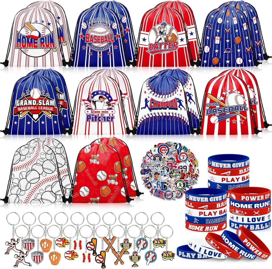 Grneric 110 Pcs Baseball Party Favors, Drawstring Bags Baseball Goodie Bags with Keychains Silicone Bracelets Stickers Gift Bags for Baseball Themed Birthday Party Favors Supplies