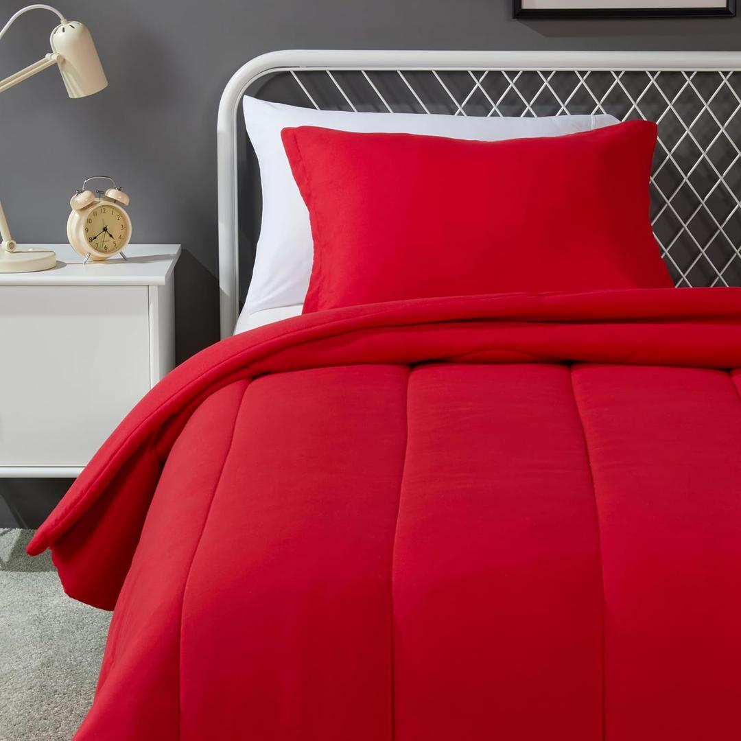 Amazon Basics 2-Piece Microfiber Kid's Comforter and Pillow Sham Set, All Seasons, Twin, Red, Solid
