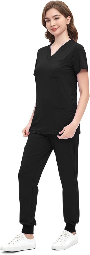 ROMASA Jogging Scrubs Set for Women,Soft and Stretchy Nurse Uniform V-Neck Top and Yoga Jogger Pants with Multi Pocket (X-Large, Black)