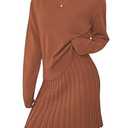 Pink Queen 2025 Women's 2 Piece Sweater Outfits Set Long Sleeve High Neck Top Pleated Mini Skirt Ribbed Knit Brown M