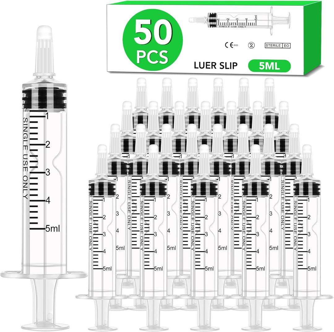 50 PCS 5ml Syringe with Cap for Liquid, Oral Syringe without Needle for Medicine Dropper, Colostrum Collect, Liquid Measuring, Individually Sealed, Luer Slip