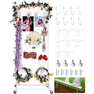 Gridwall Panel Display Stand Rack- Heavy-Duty Movable Wire Gridwall Display Racks with Wheels and Feet, Floorstanding and Wall Mount Double Side Display Stand (Black) (White, 1 pc)