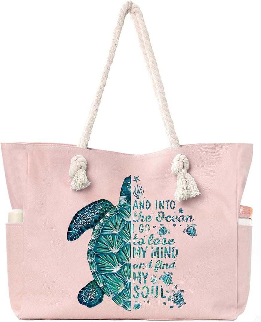Beach Bags for Women Large Waterproof Beach Travel Tote Bags Sandproof Swim Pool Bag Canvas Zipper Big Tote (Sea Turtle,Pink)